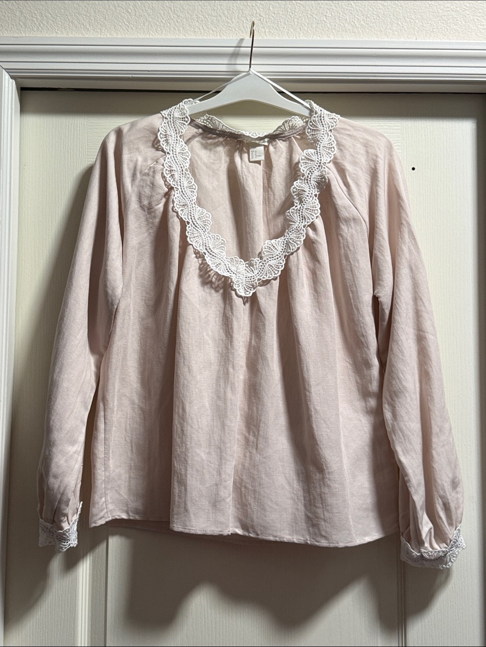 H&M Pale Pink Lace-Trim V-Neck Blouse